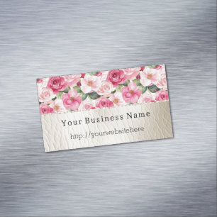 Romantic Pink Roses Floral Cream Faux Leather Magnetic Business Card