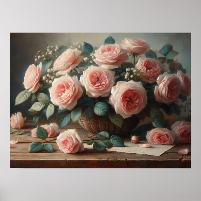 Romantic Pink Roses Floral Oil Painting Poster (Front)