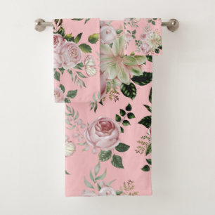 Romantic pink roses floral pattern cottage shabby bath towel set