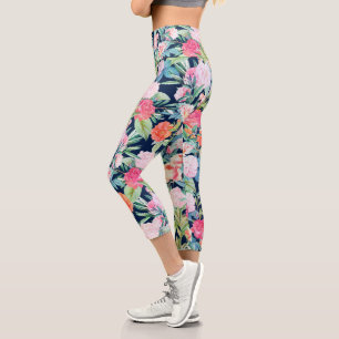 Romantic Pink roses floral Vintage Blue Design Capri Leggings