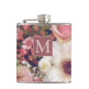 Romantic Pink Roses Flower Bouquet Monogram Hip Flask