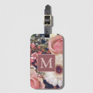 Romantic Pink Roses Flower Bouquet Monogram Luggage Tag
