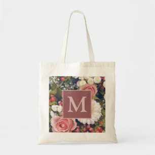 Romantic Pink Roses Flower Bouquet Monogram Tote Bag