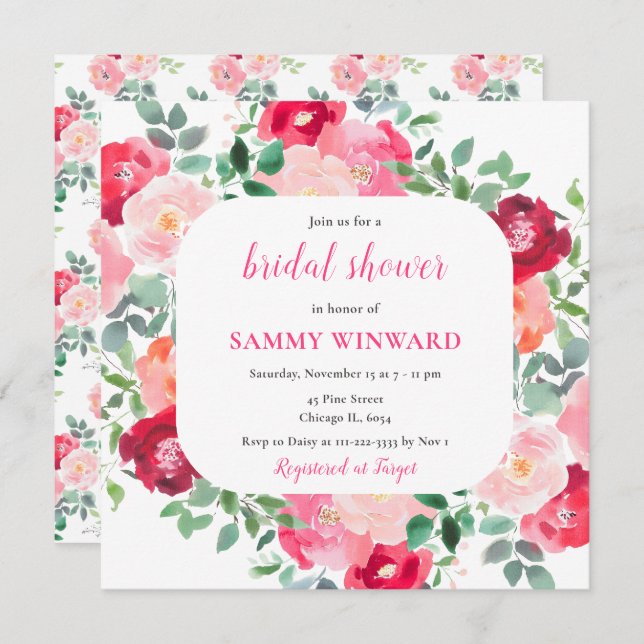 Romantic Pink Roses Flowers Bridal Shower Invitation (Front/Back)