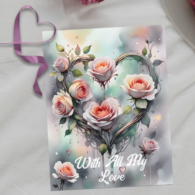 Romantic Pink Roses Heart with Elegant Script Postcard (Creator Uploaded)