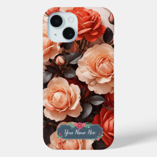 Romantic Pink Roses on Elegant White Marble iPhone 15 Case