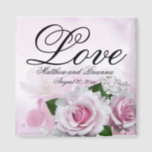 Romantic Pink Roses Personalised Keepsake Wedding Magnet<br><div class="desc">Beautiful pink roses and background create an elegant pink floral keepsake magnet. The word Love is written at the top in a large and formal script font. Your name and wedding date are below. Lovely wedding favour.</div>