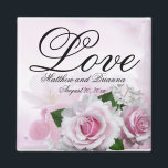 Romantic Pink Roses Personalised Keepsake Wedding Magnet<br><div class="desc">Beautiful pink roses and background create an elegant pink floral keepsake magnet. The word Love is written at the top in a large and formal script font. Your name and wedding date are below. Lovely wedding favour.</div>