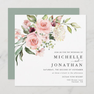 Romantic Pink Roses Sage Green Wedding Invitation
