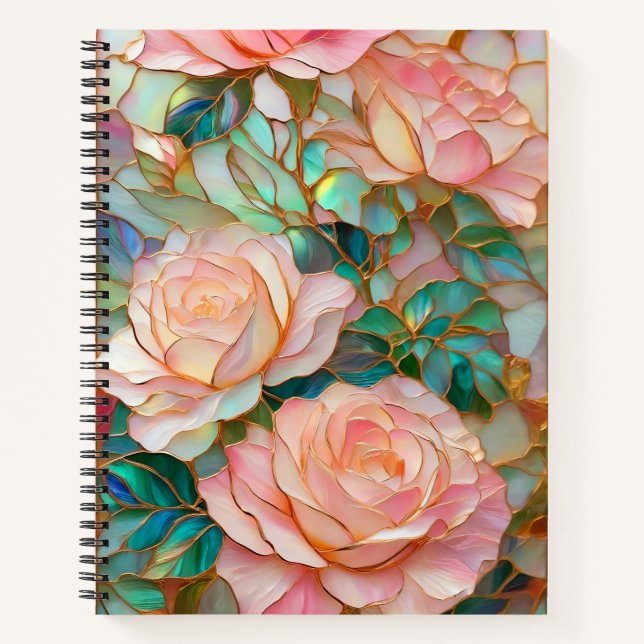 Romantic Pink Roses Stained Glass Effect Notebook (Front)