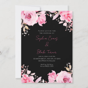 Romantic Pink Roses Summer Black Wedding Invitation