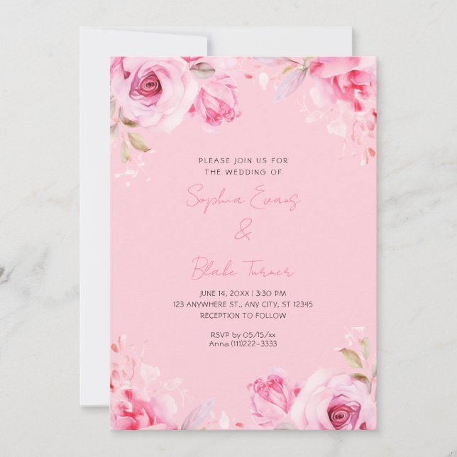 Romantic Pink Roses Summer Pastel Pink Wedding Invitation (Front)