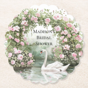 Romantic Pink Roses Swan Lake Floral Bridal Shower Paper Coaster