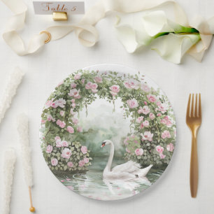 Romantic Pink Roses Swan Lake Floral Bridal Shower Paper Plate