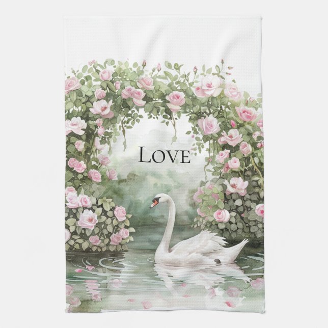 Romantic Pink Roses Swan Lake Floral Bridal Shower Tea Towel (Vertical)