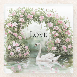 Romantic Pink Roses Swan Lake Floral Glass Coaster