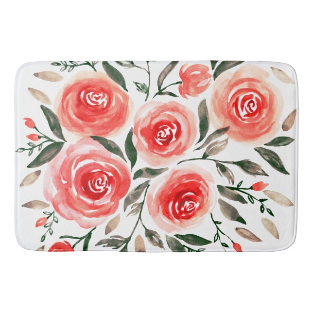 Romantic Pink Roses Watercolor Floral Bath Mat (Front)