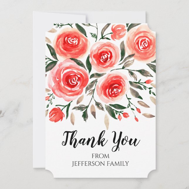 Romantic Pink Roses Watercolor Floral Thank You Card (Front)