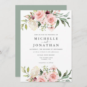 Romantic Pink Roses Wedding  Invitation Green