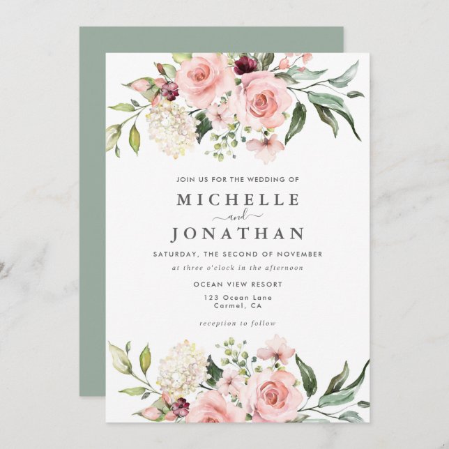 Romantic Pink Roses Wedding  Invitation Green (Front/Back)
