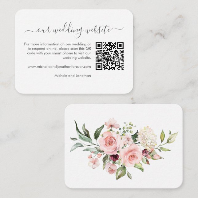 Romantic Pink Roses Wedding RSVP Details QR Code Enclosure Card (Front/Back)