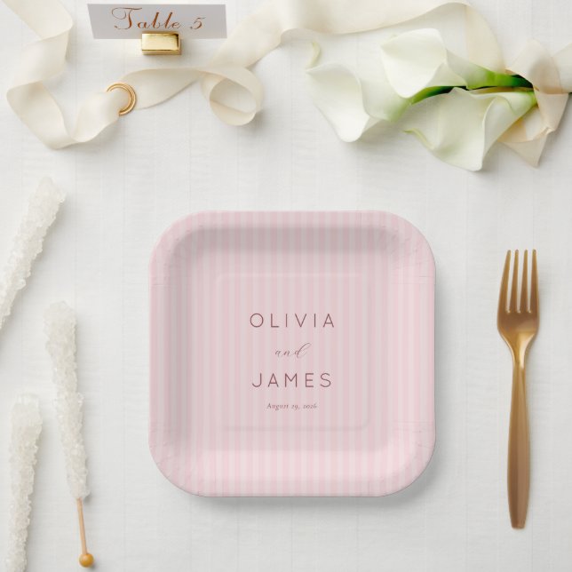 Romantic Pink Stripes Paper Plate (Wedding)