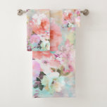 Romantic Pink Teal Watercolor Chic Floral Pattern Bath Towel Set<br><div class="desc">Romantic Pink Teal Watercolor Chic Floral Pattern . a girly, elegant and chic floral pattern featuring beautiful and preppy vintage victorian roses and peonies in light pink and orchid purple on a modern and abstract pink and teal pastel watercolor strokes pattern . perfect feminine gift for the flower and nature...</div>