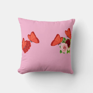 Romantic Pink Throw Pillow with Butterflies and Ro