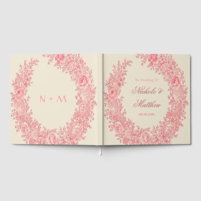 Romantic Pink Toile Flower Wedding Guest Book (Full)