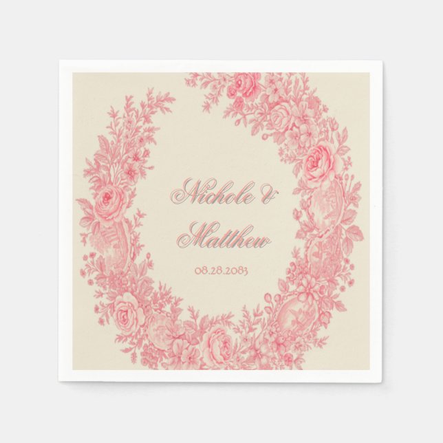 Romantic Pink Toile Flower Wedding Napkin (Front)