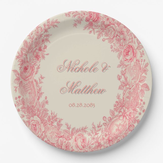 Romantic Pink Toile Flower Wedding Paper Plate (Front)