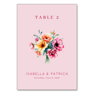 Romantic Pink Watercolor Floral Bouquet Table Number