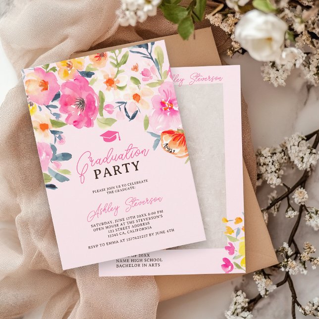 Romantic Pink Watercolor Floral Graduation Photo Invitation (Romantic Pink Watercolor Floral Graduation Photo Invitation)