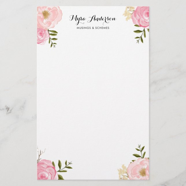 Romantic Pink Watercolor Flowers Personalised Stationery (Front)