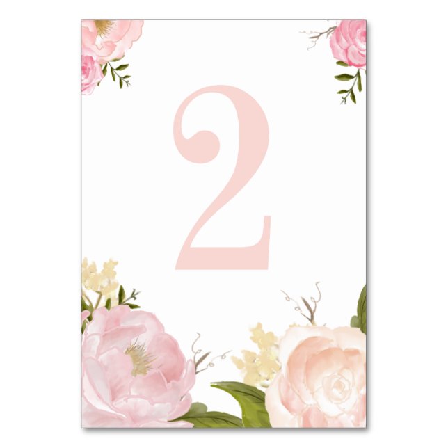Romantic Pink Watercolor Flowers Table Number 2 (Front)