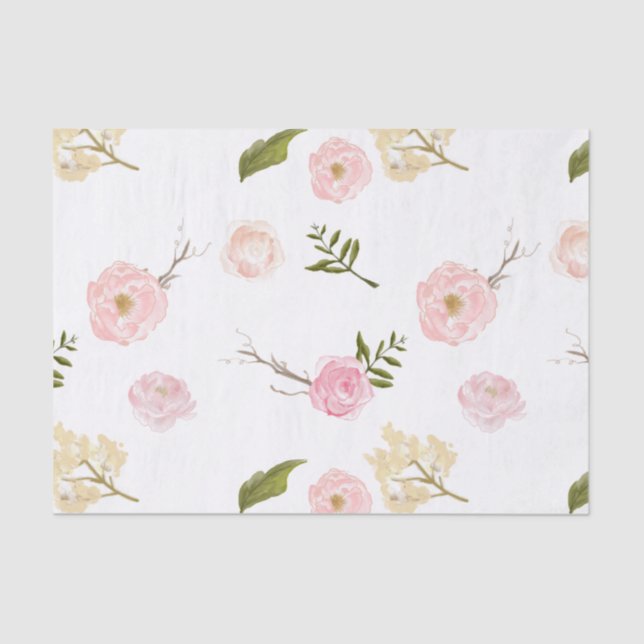 Romantic Pink Watercolor Garden Floral Tissue Paper (Front)