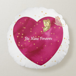 Romantic Pink Watercolor Heart & Gold Butterfly Round Cushion