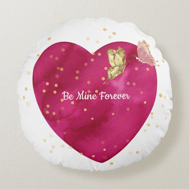 Romantic Pink Watercolor Heart & Gold Butterfly  Round Cushion (Front)