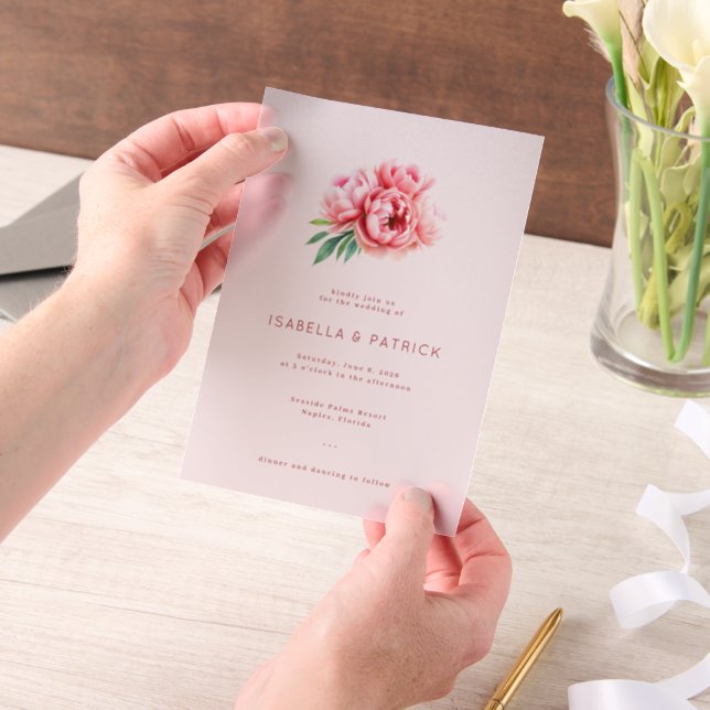 Romantic Pink Watercolor Peonies Vellum Invitations (Handheld)