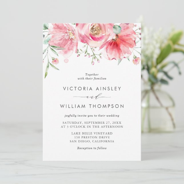 Romantic Pink Watercolor Roses Floral Wedding Invitation (Standing Front)