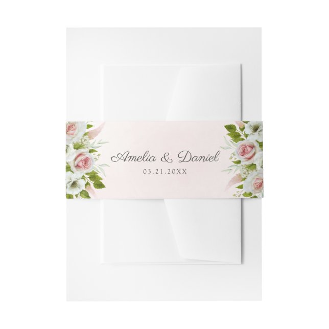 Romantic Pink Watercolor Roses Wedding Invitation Belly Band (Front Example)