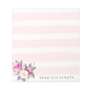 Romantic Pink Watercolor Stripes Floral Notepad