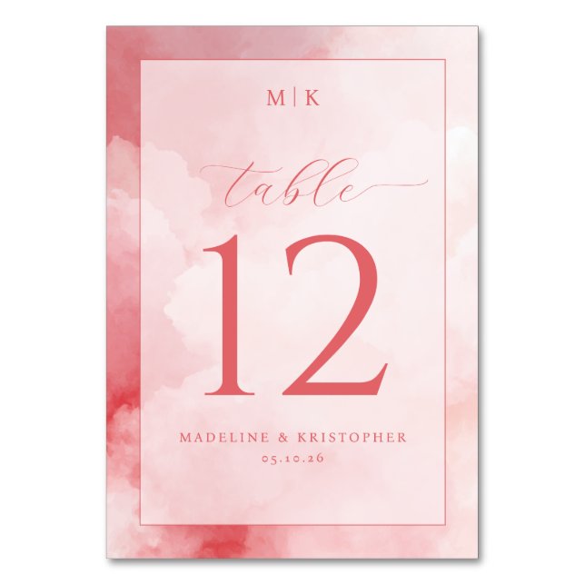 Romantic Pink Watercolor Table Number (Front)