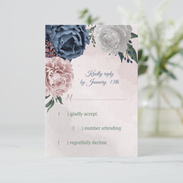 romantic pink, white and navy blue flowers RSVP card (Standing Front)