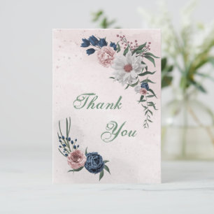 romantic pink, white and navy blue flowers thank you card