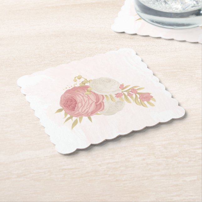 Romantic pink & white flowers gold  paper coaster (Angled)