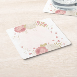 Romantic pink & white flowers gold square paper coaster