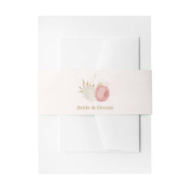 Romantic pink white & gold floral wedding invitation belly band (Front Example)