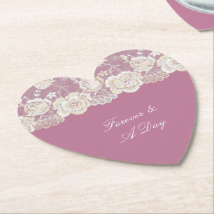 Romantic Pink White Lace Floral Wedding Paper Coaster