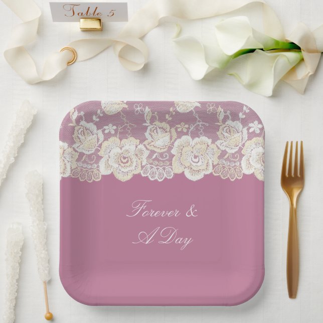 Romantic Pink White Lace Floral Wedding Paper Plate (Wedding)